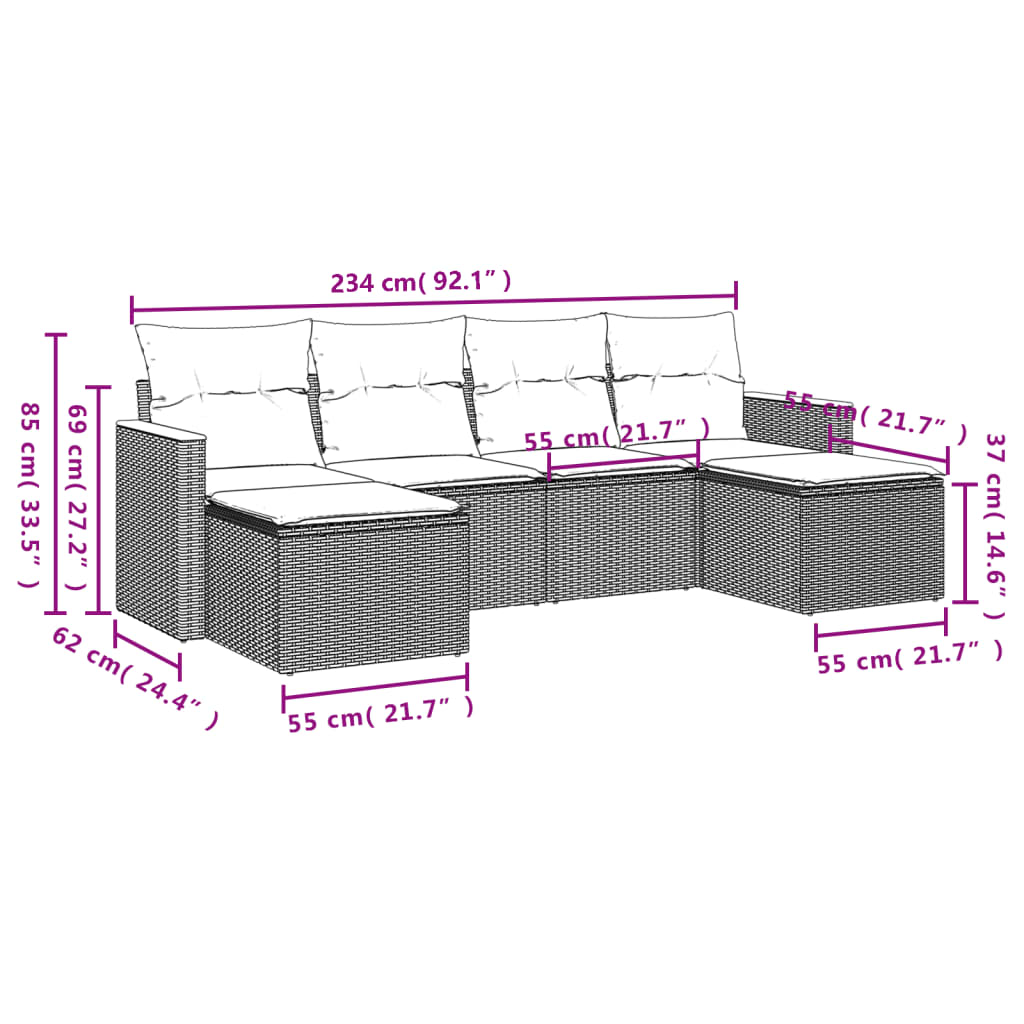 6-Delige Loungeset Met Kussens Poly Rattan Grijs